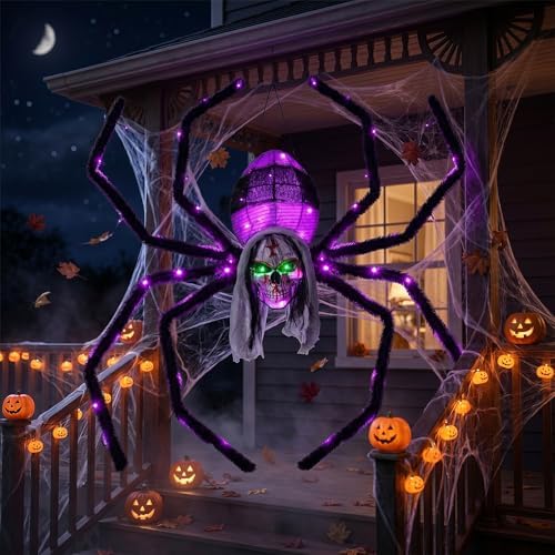52" Halloween Giant Skull Face Spider, Lighted Outdoor Decoration with Flashing Red & Green Eyes, 70 LED Glowing Spider for Yard, Lawn, Porch, Haunted House Decor (52" Wall-Mounted)