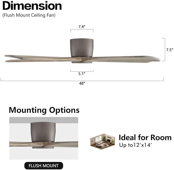 WINGBO 48" Flush Mount DC Ceiling Fans without Lights, 5 Carved Solid Wood