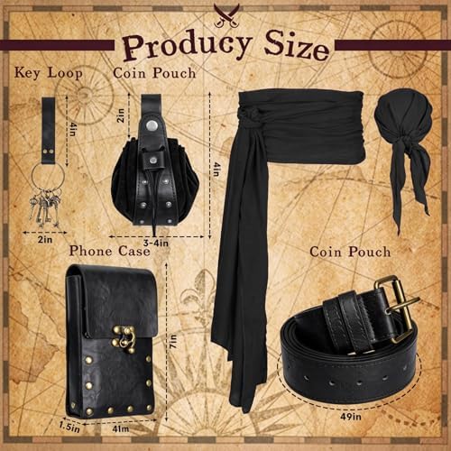 Renaissance Pirate Belt with Pouch Waist Bag, Pirate Head Scarf 6-Pack