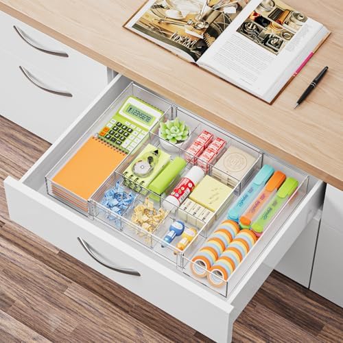 Marbrasse Expandable Desk Drawer Organizer, Clear Plastic Drawer Organizer Tray with 10 Adjustable Compartments, Desk Organizers and Accessories, 5 Drawer Dividers for Office Supplies (Clear-2P)