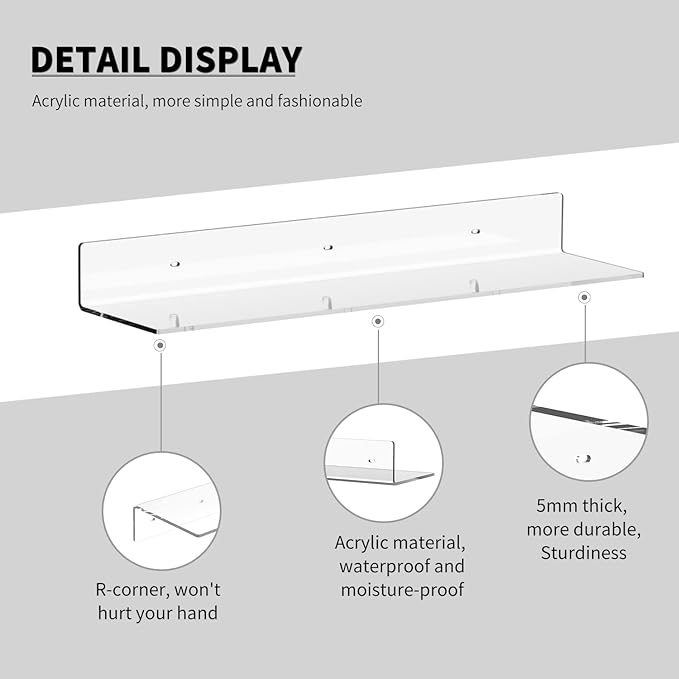 Acrylic Wall Shelves 36 24 12 Inches, Wall Mounted Display Shelves
