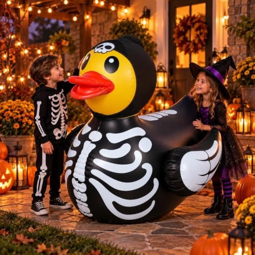 1Pcs 4.6 Feet Halloween Giant Inflatable Duck Outdoor Decorations,Huge Blow Up Yard Yellow Duck with Black Skeleton Bone Cloth Duck Pool Float for Indoor Halloween Party Garden Patio Lawn Decor