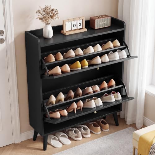 BERRYMERRY 31.5” Black Fluted Shoe Cabinet Storage with 2 Flip Drawers