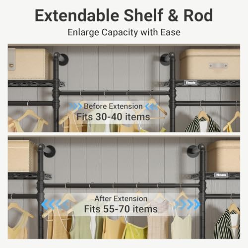 Timate F3 Medium Wall Mounted Clothes rack Expandable Closet, Industrial Pipe Clothing Rack for Hanging Clothes, Heavy Duty Clothes Rack with Shelves, Garment Rack Wall Closet System Black Pipe Closet