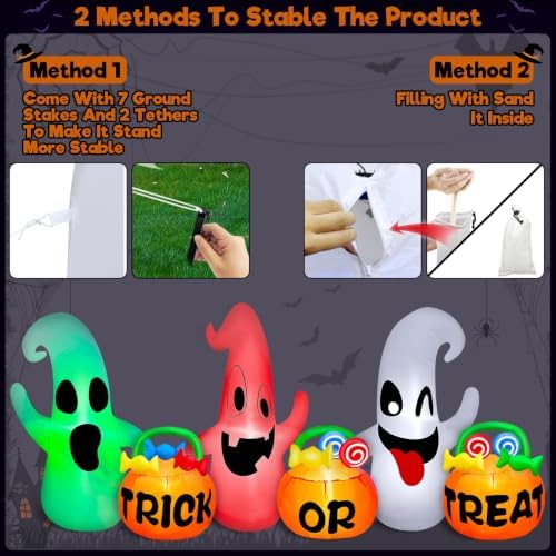 8 Ft Halloween Inflatable 3 Ghosts with Trick or Treat Pumpkin Candy Bags
