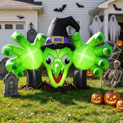 6FT Giant Halloween Inflatables Wicked Witch with Huge Grabbing Hands, LED Halloween Blow Ups Decorations, Creepy Inflatable Halloween Decorations Outdoor for Yard, Lawn, Garden, Porch and Party