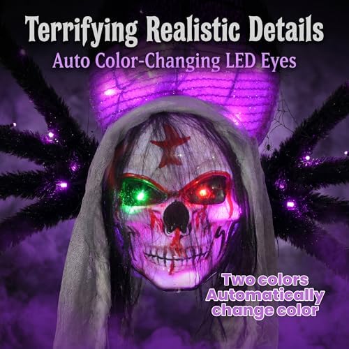 52" Halloween Giant Skull Face Spider, Lighted Outdoor Decoration with Flashing Red & Green Eyes, 70 LED Glowing Spider for Yard, Lawn, Porch, Haunted House Decor (52" Wall-Mounted)