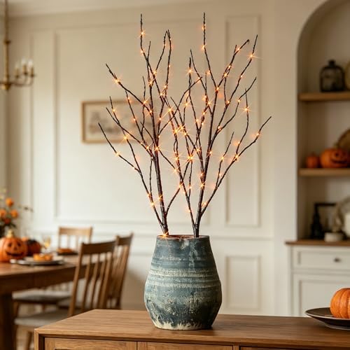 Hairui Lighted Halloween Tree Branches with Timer 32IN 100L Orange Fairy Lights, Black Twig Branch Lights Battery Operated or Indoor Outdoor Halloween Party Decoration