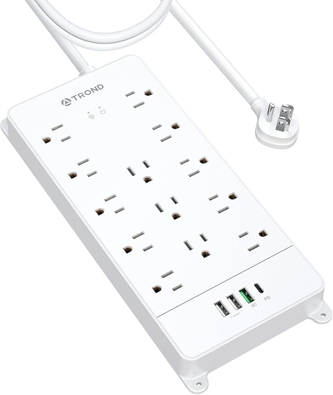 TROND Surge Protector Power Strip 10 ft, Flat Plug Long Extension Cord