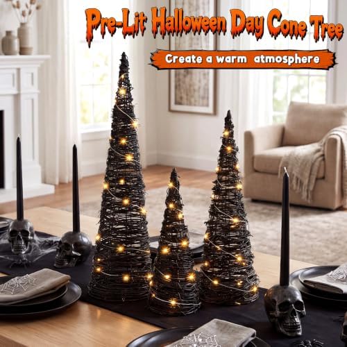 Jenaai 3 Lighted Halloween Rattan Trees 24" 16" 12", Cone Trees Decor
