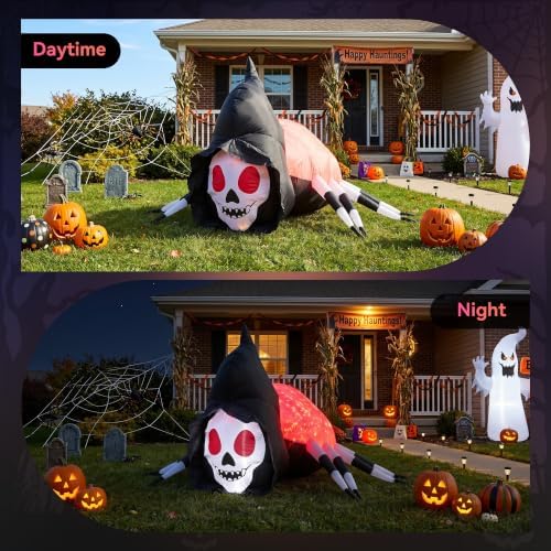 5.7FT Halloween Inflatable Skeleton Spider Outdoor Yard Decor with Magic Lights, Large Blow up Skull Spider Lawn Ornament Decorations