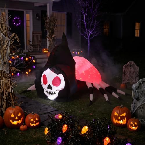 5.7FT Halloween Inflatable Skeleton Spider Outdoor Yard Decor with Magic Lights, Large Blow up Skull Spider Lawn Ornament Decorations