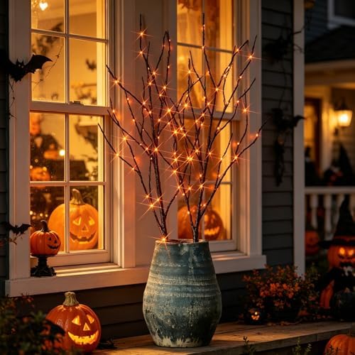 Hairui Lighted Halloween Tree Branches with Timer 32IN 100L Orange Fairy Lights, Black Twig Branch Lights Battery Operated or Indoor Outdoor Halloween Party Decoration