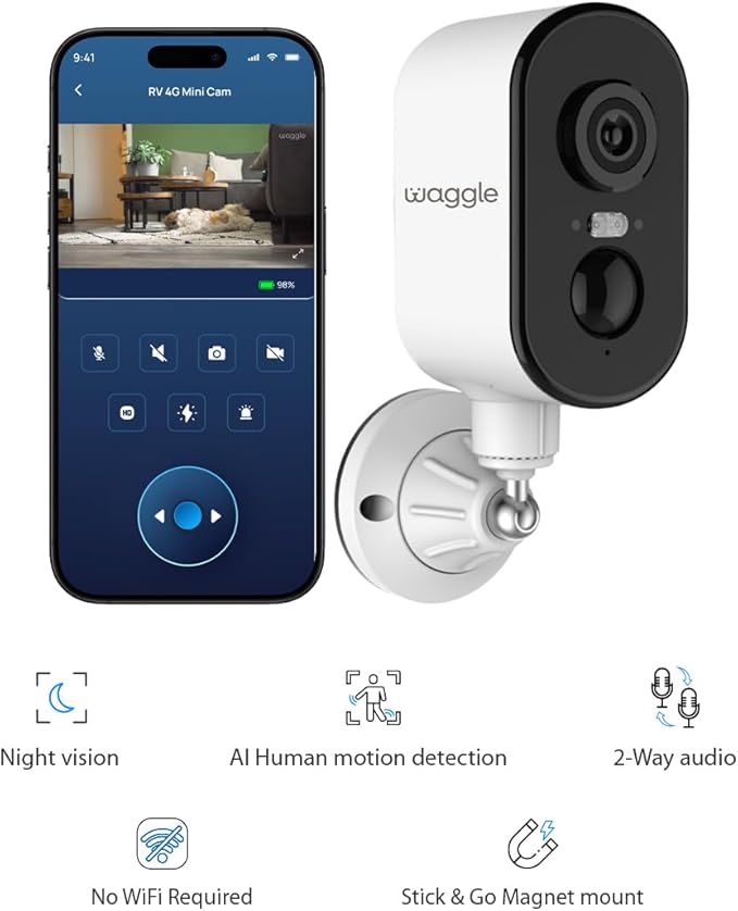 Waggle 4G LTE Cellular Security Camera, 2K HD Pet Monitor, No WiFi, 9000mAh