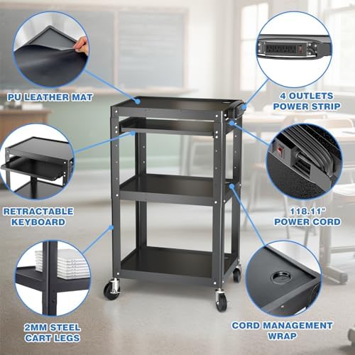 POCHAR Steel AV Cart on Wheels - Rolling Projector Cart with Height Adjustable Shelf, Pullout Keyboard Tray, Power Strip, Cord Management - Mobile Media Carts Computer Workstation for Office Classroom