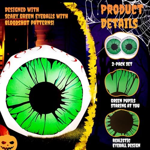 Outvita 2 Packs Halloween Inflatables Set of Lighted Eyes Decoration, 3Ft Blow Ups Green Eyes for Halloween Decor Outdoor with LEDs Party Supplies Blow up Decoration for Yard, Lawn, Patio, Garden