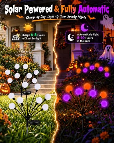 OZS 6 Pack Orange Purple Halloween Decorations Outdoor Solar Firefly Lights