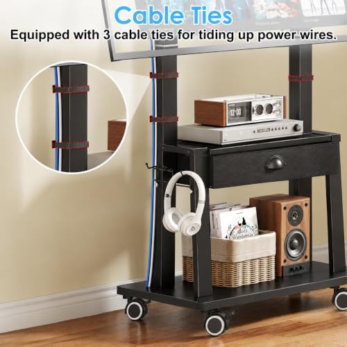 Mobile TV Stand with Drawer for 23-60 Inch TVs,Tilt Rolling TV Cart on Wheels with 2 Shelves Adjustable Height Portable TV Stand for Bedroom/Living Room Holds up to 50 lbs Max VESA 400x400mm