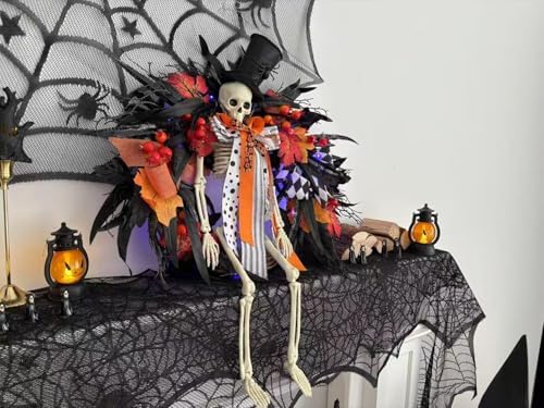HipTree 28 Inch Halloween Skeleton Wreath for Front Door with Lights