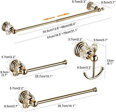 Crystal Bathroom Hardware Set,Adjustable Towel Rack, Toilet Roll Paper Holder,Hand Towel Holder,Hook,Gold Bathroom Accessories Set Wall Mounted (Bright Gold)