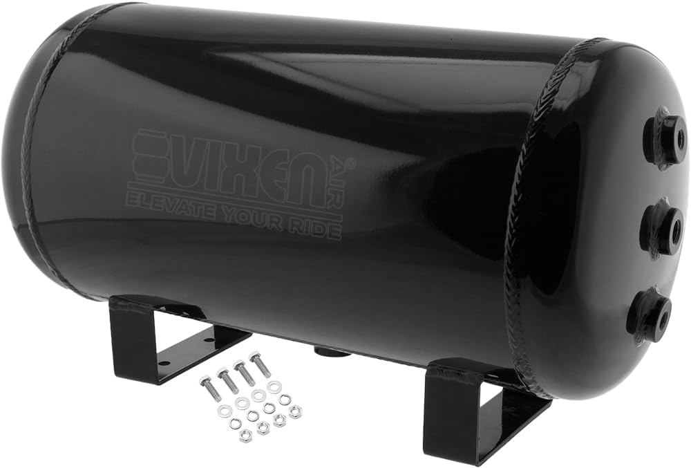 Vixen Air 6 Gallon Aluminum Air Tank 200 PSI, 9 Ports Kit Black VXT5200AB For Air Suspension, Air Ride, Bag, Train Horn | Kit Includes Mounting Hardware