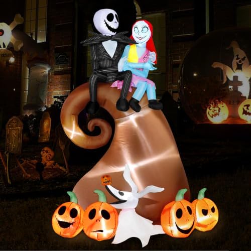 6FT Halloween Outdoor inflatables Decorations - Blow Up Hill Skeleton Couple with Pumpkin Decor with LED Lights,Yard Halloween Party Decorations