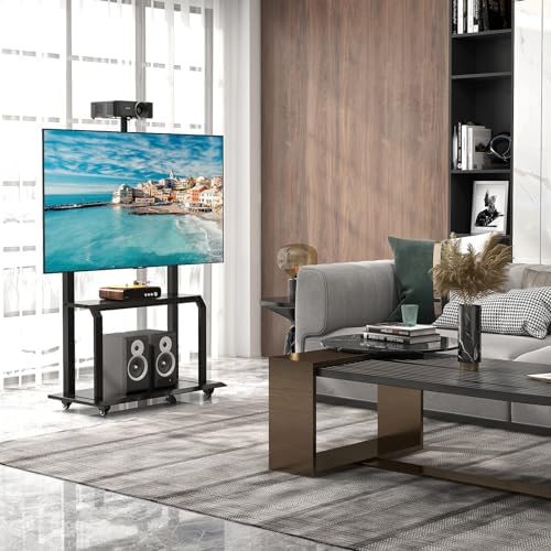 Goplus Mobile TV Stand, Rolling TV Cart with Camera Shelf & AV Shelves, Adjustable Media Console Cart for 32”-80” Flat/Curved TVs up to 132 lbs, Max VESA 900 X 600 mm, TV Mounting Screws Included