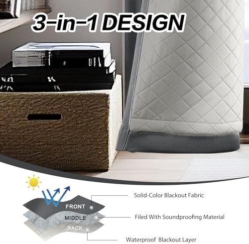 3-in-1 Thermal Winter Room Divider Curtains Total Blackout Soundproof Grommet Curtains for Bedroom Living Room (Grey, 50x80 Inches, 1 Panel)
