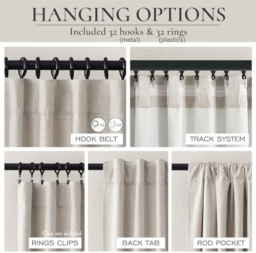 QJmydeco 100% Blackout Curtains 45 Inches Long 2 Panels Set, Short Linen Heat Blocking Drapes 46 Inch Small Window Decor for Kitchen Bedroom Bathroom Thermal Insulated Textured Look Hook Belt