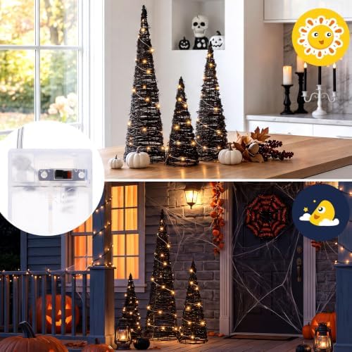 Jenaai 3 Lighted Halloween Rattan Trees 24" 16" 12", Cone Trees Decor