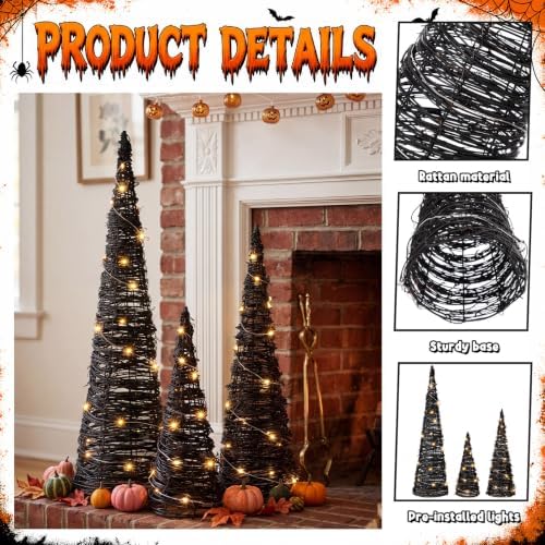 Jenaai 3 Lighted Halloween Rattan Trees 24" 16" 12", Cone Trees Decor