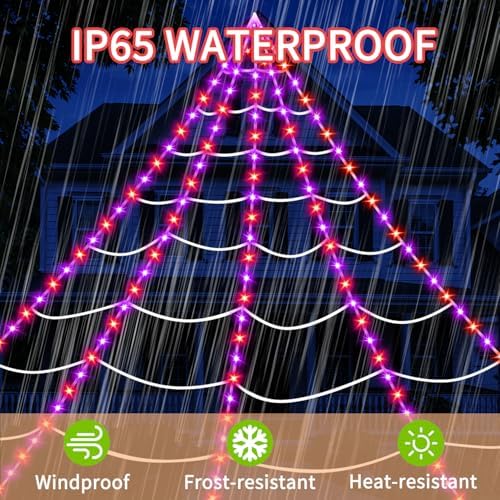 Halloween Decorations Outdoor Spider Web Lights, 23Ft 350 LED Light up Spider Web with 6.6Ft Giant Spider, 8 Modes Waterproof Timer Spiderweb Lights for Garden ＆ Haunted House Decor, Purple + Orange