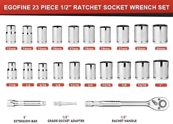 Egofine 1/2" Drive Socket Set, 23 Piece Standard SAE and Metric 6 Point