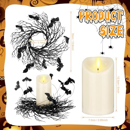 Yunlly 4 Pcs Halloween Candle Rings Wreath Black Black Twig Bat, Bat