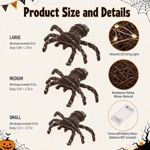 3 Pcs Halloween Rattan Woven Fake Spider Decor with String Lights