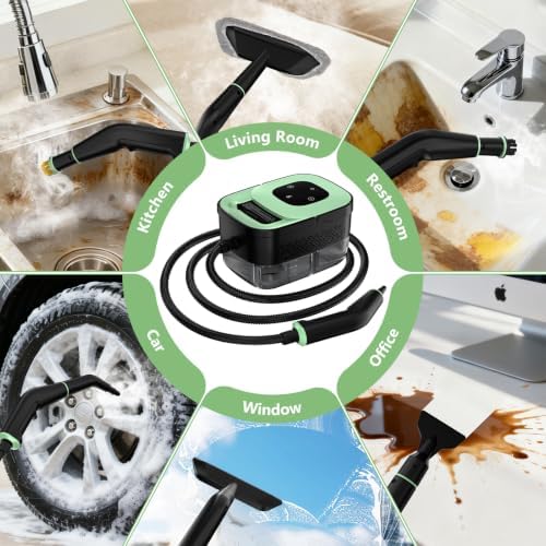 Steam Cleaner, Portable Steamer for Cleaning with 16pcs Accessories, 6-Level Adjustable and 15s Heat-Up, Handheld Steam Cleaner for Home, Tile, Dirt, Grout, Grease, Car Detailing, Light Green