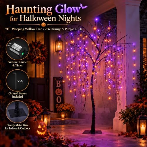 7 FT Halloween Lighted Willow Tree 256 LED Orange and Purple Lights Artificial Weeping Willow Tree with 6 Spiders Outdoor Indoor Decoration Christmas Festival Party Home Decor