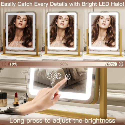 FENNIO Vanity Mirror with Lights - 15"x12.6" LED Lighted Makeup Mirror, Large Makeup Mirror with Lights, Touch Screen with 3-Color Lighting, Dimmable, for Vanity Desk Tabletop, Bedroom Gold