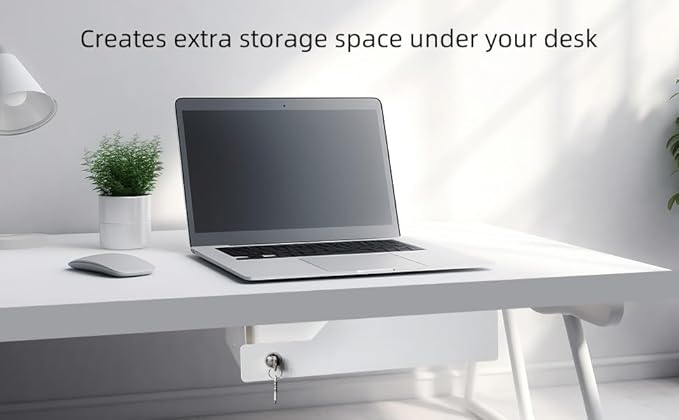 White Under Desk Drawer with Lock, Metal Hidden Storage