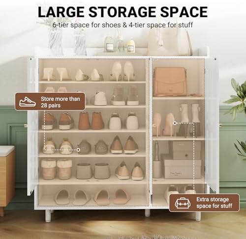Shoe Cabinet with 3 Doors and Adjustable Shelves, Large Shoe Storage Cabinet for 24–30 Pairs, Modern Farmhouse Shoe Organizer with Open Bottom Shelf for Entryway, Living Room, White