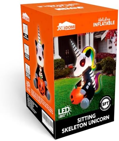 Joiedomi 5 FT Halloween Inflatable Sitting Skeleton Unicorn with LED Lights, Blow Up Outdoor Decoration for Yard, Garden, Lawn, Haunted House Halloween Party Outside Decor