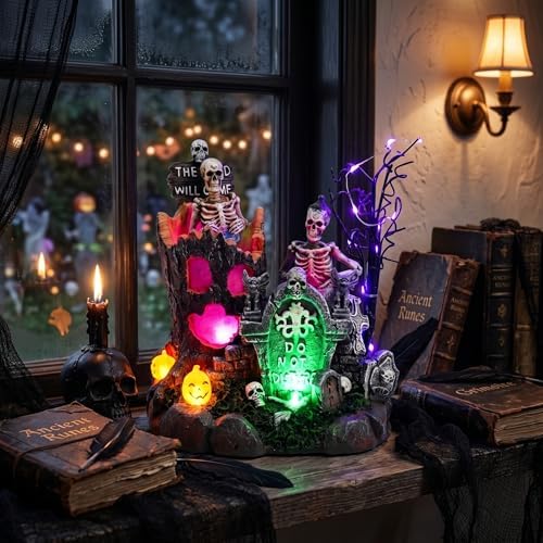 Valery Madelyn Halloween Decorations, Lighted Halloween Village with Music and LED Lights, Resin Spooky Tree and Skeleton Gravestones Scene Haunted House for Home and Party Table Desk Mantel, 8 Inch
