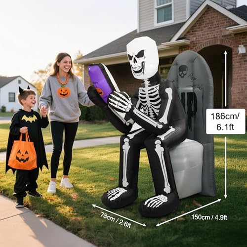 BLOOMWIN 6 FT Halloween Inflatable Outdoor Decoration Skeleton & Tombstone