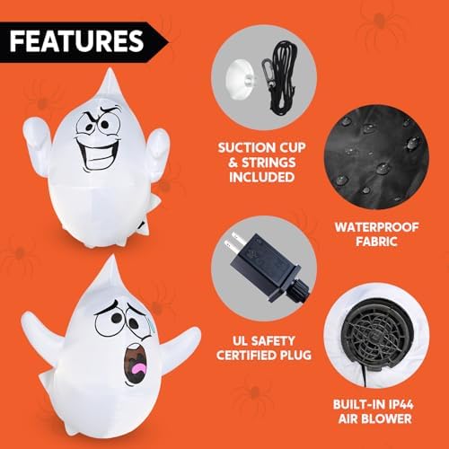 Joiedomi 2 Pcs Halloween Inflatables Outdoor Decorations, Halloween Blow Ups Ghost with Built-in LEDs, Cute Window Inflatable Ghost for Window Decorations