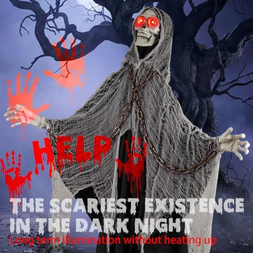 Halloween Skeleton With LED Red Glowing Eyes, Sound & Touch Activated Motion, Audio & Swaying Body, Adjustable Joint Arms for Theme Party, Yard, Lawn, Indoor Outdoor Display Gray Clothes