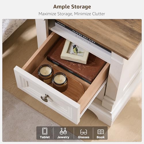Farmhouse Nightstand with Charging Station 18"Wood End Table w/Roman Column