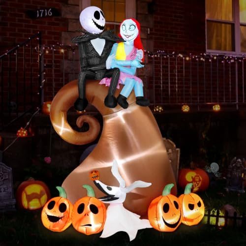 6FT Halloween Outdoor inflatables Decorations - Blow Up Hill Skeleton Couple with Pumpkin Decor with LED Lights,Yard Halloween Party Decorations