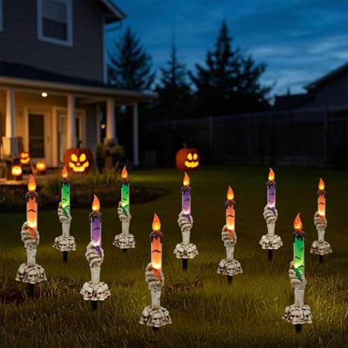 WATERGLIDE Halloween Decoration Candle Light Stakes, 10 Pack Skeleton Hands Hold Lighted Candle Pathway Makers, Waterproof Battery Operated with Timer, Light Up Figurine for Outdoor Holiday Party