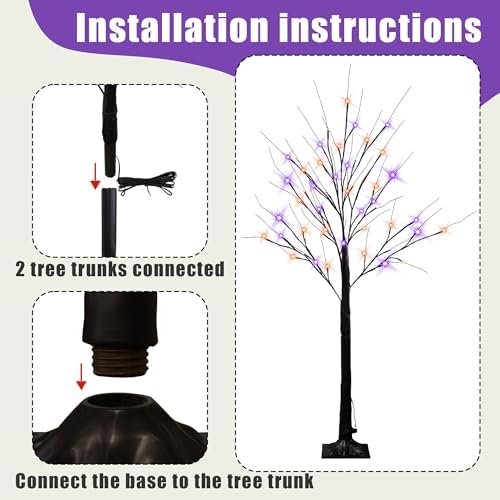 Dazzle Bright 2 Pack Halloween Lighted Up Birch Tree, Total 96 LED Purple and Orange Fairy Lights with Timer, Waterproof for Indoor Outdoor Home Party Halloween Decoration
