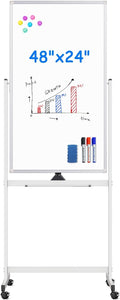 Magnetic Mobile White Board, 48 x 24 Double Sided Dry Erase Board Rolling
